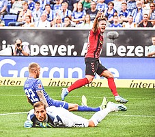 Neuer Monat, neuer Jubel: Im September entscheiden die Freiburger um Torschütze Christian Günter den badischen Vergleich bei der TSG Hoffenheim um den Ex-SC-Torhüter Oliver Baumann für sich. (Foto: Achim Keller)